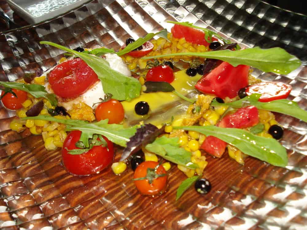 DSC01547 Heirloom tomato salad with Burratta cheese and all kind of fresh vegetables and fruits