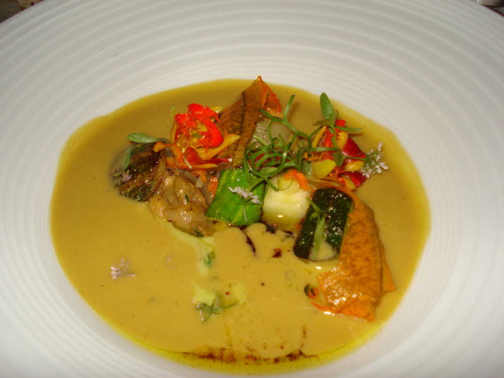DSC01550 Summer squashes with puree of squash and Indian inspired flavors