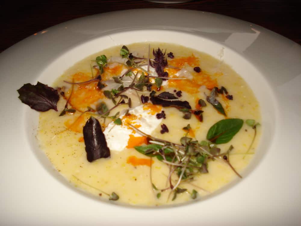 DSC01551 Organic yellow corn grits from arbuckle infused with goat’s milk whey, caramelized wild onion bulbs, “62.5” egg, agretti, garlic