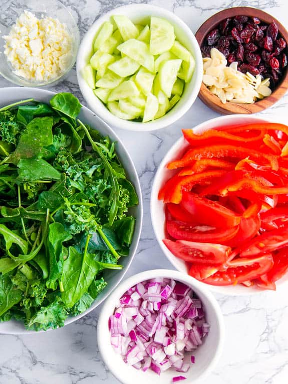 ingredients for Greek Salad with feta and mixed greens