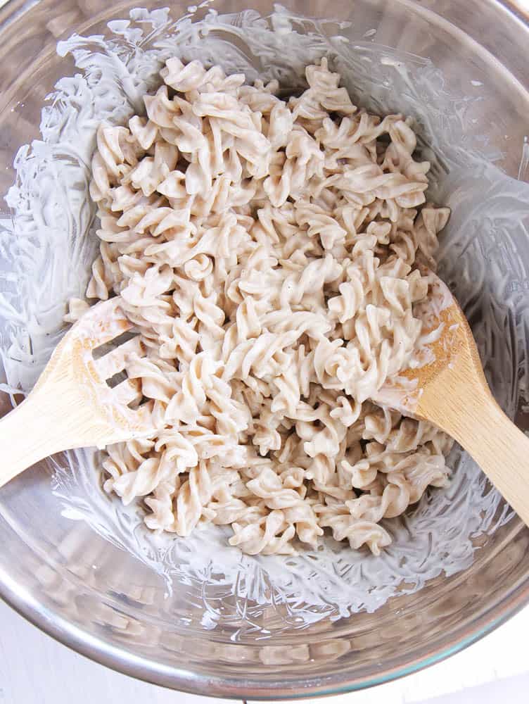 Dressing and pasta mixed together