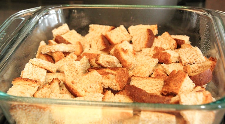 Cubes of bread in a glass dish