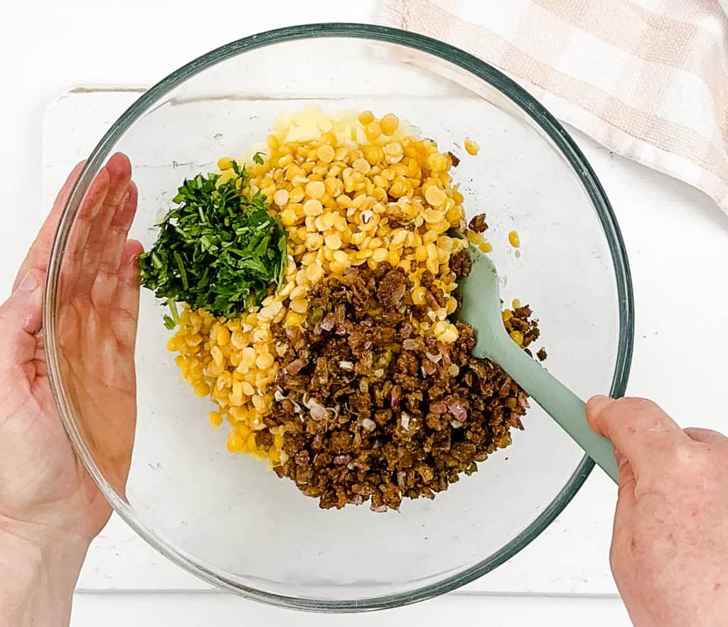 Samosa filling mixed in a bowl.