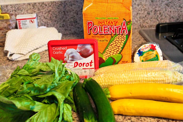 Ingredients for making Corn and Goat Cheese Polenta with Garlicky Summer Squash