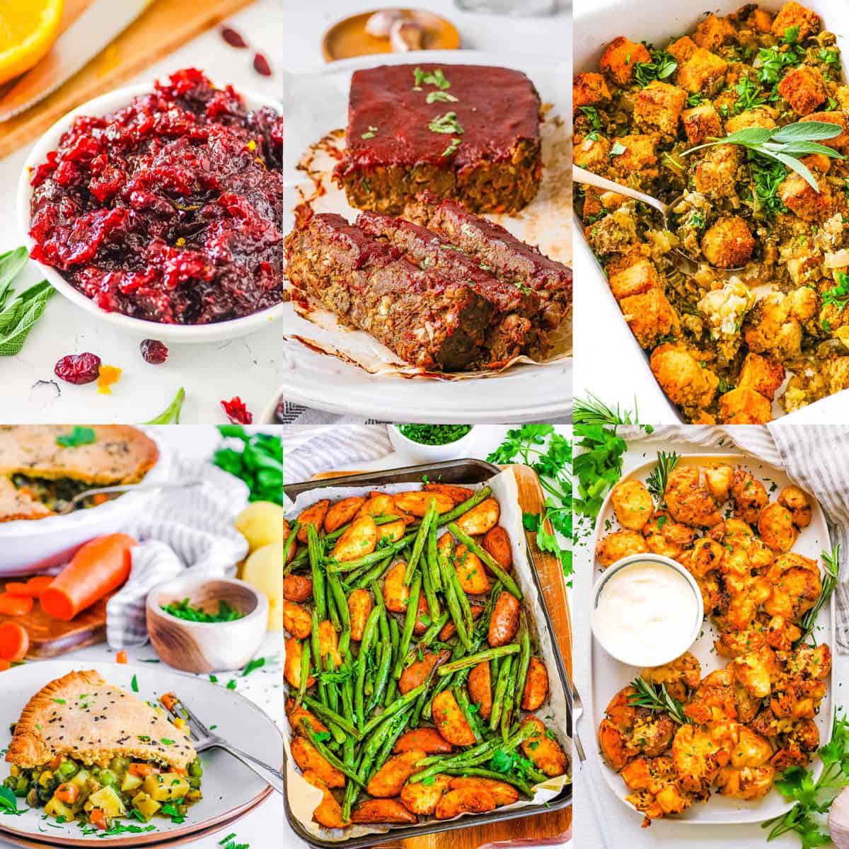 Collage of vegan Thanksgiving recipes on a white background.