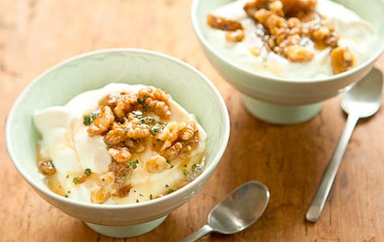 parfait topped with honey and nuts