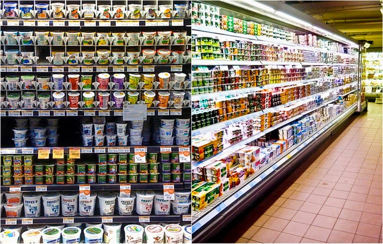 grocery aisle filled with yogurt