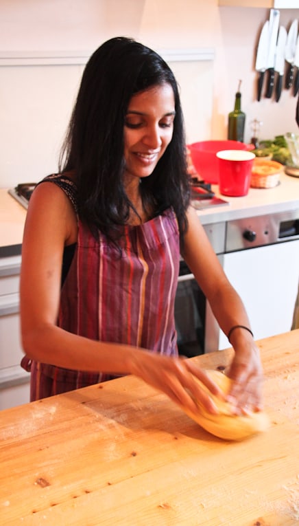 Anjali kneading the dough