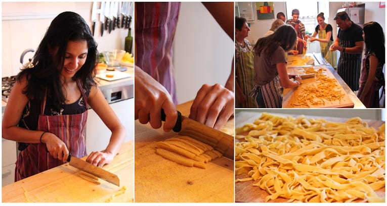 Collage of pasta dough being cut into strips