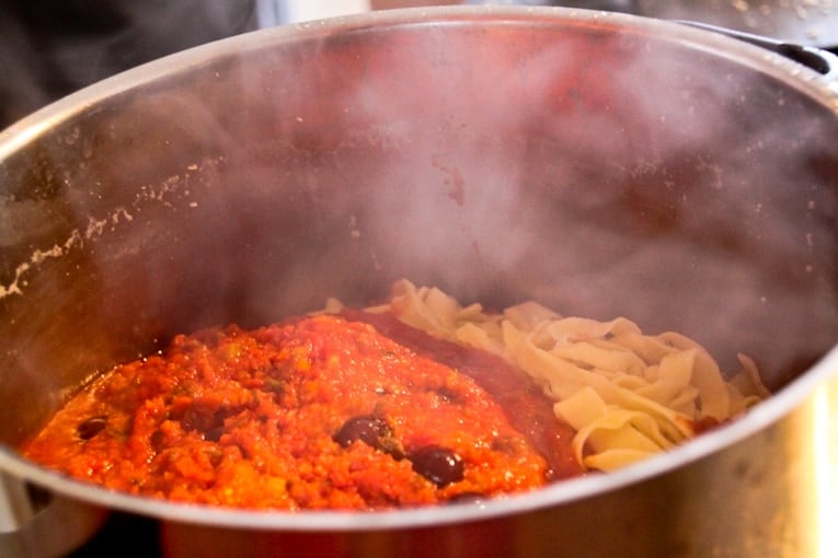 sauce and Homemade Tagliatelle in a pot