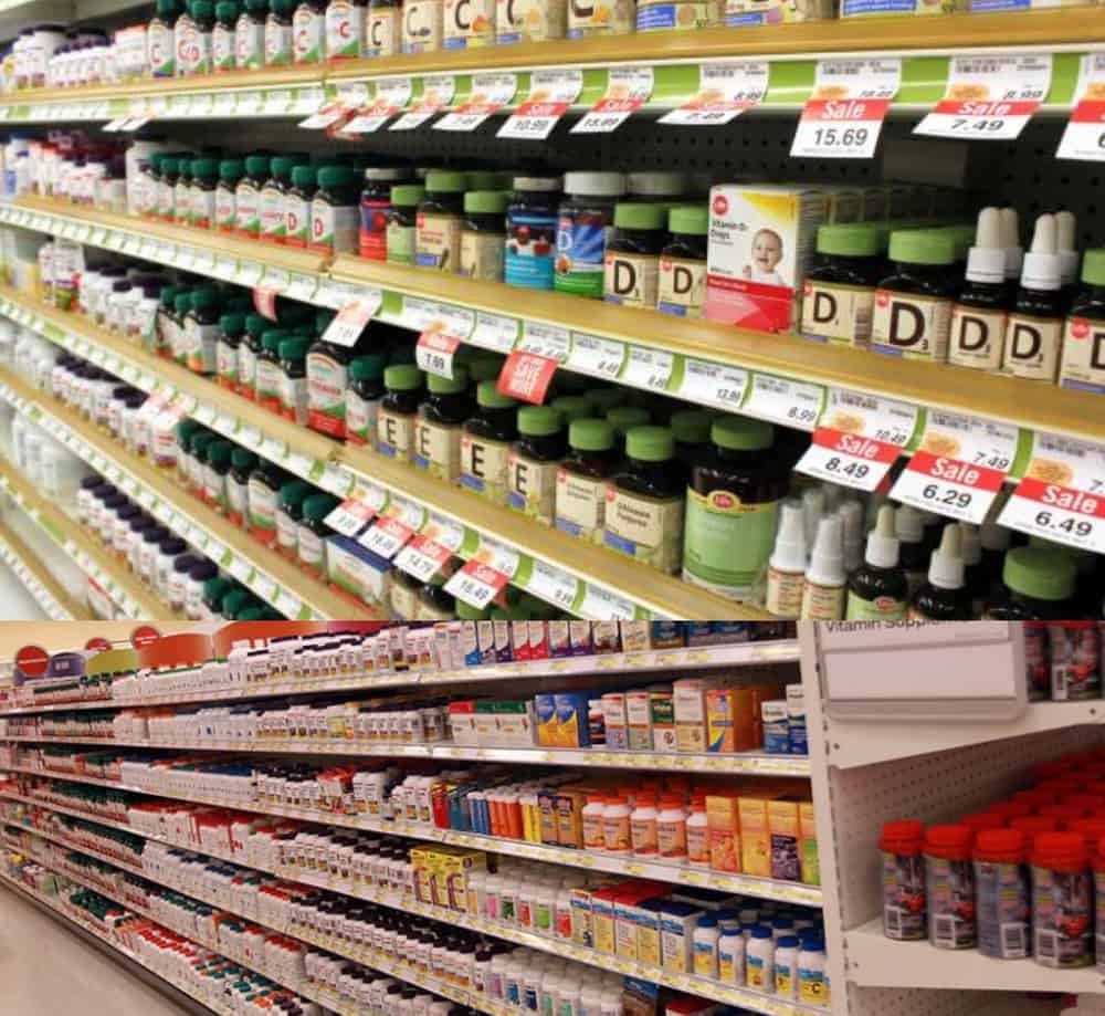 grocery aisle shelves stacked with vitamins