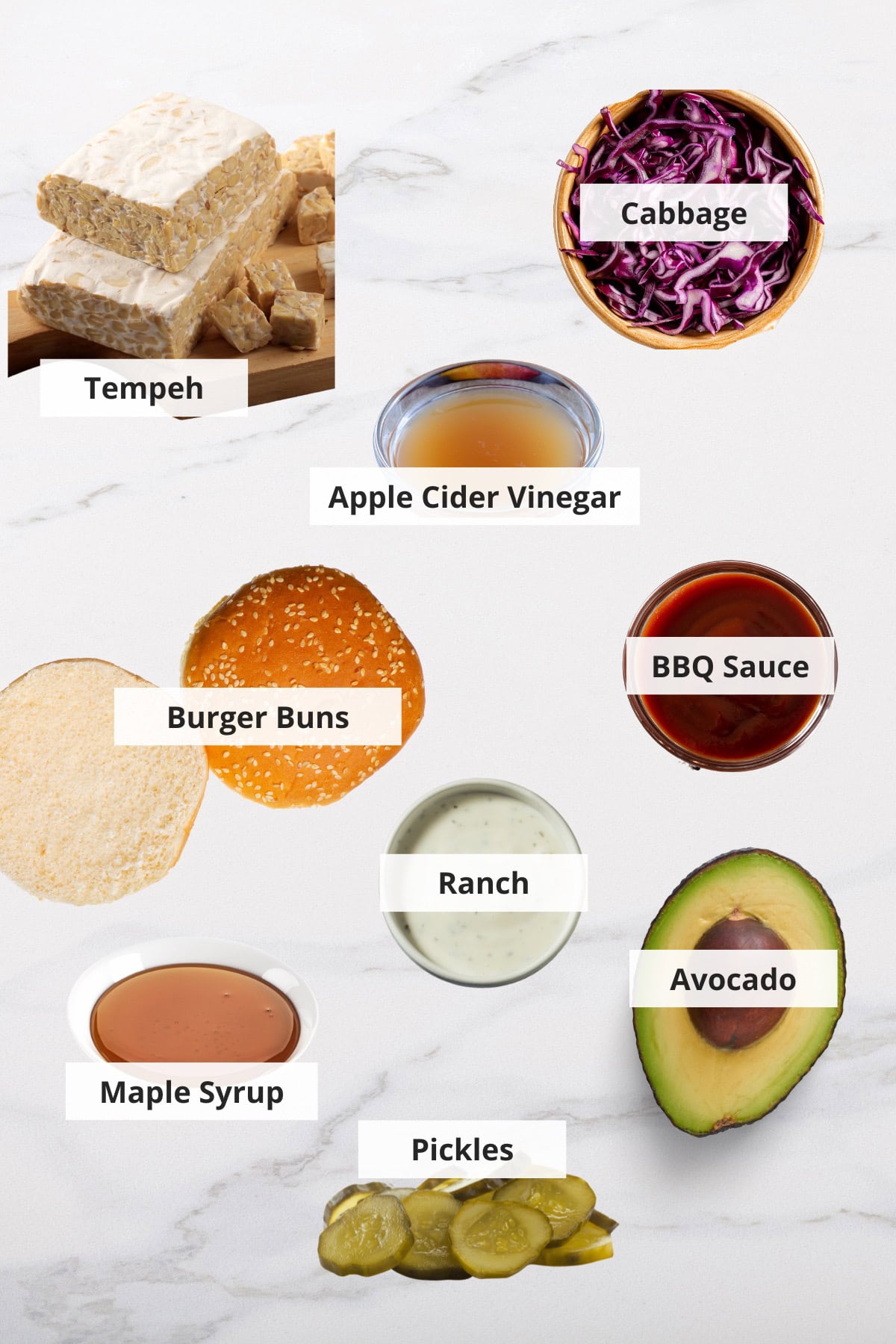 Ingredients for vegan bbq tempeh sandwich recipe on a white background.