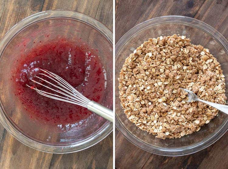 Collage of oatmeal crumble and cranberry sauce mix in glass bowls