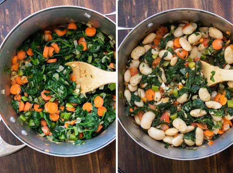 This healthy lima bean recipe with added veggies is a one stop meal. Gigantes Plaki is loaded with protein, perfect for all ages and so flavorful! #limabeanrecipes #greekrecipes Collage of spinach and carrots cooking in a pot and added beans to the mixture
