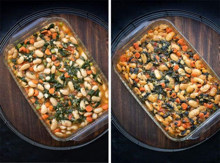 This healthy lima bean recipe with added veggies is a one stop meal. Gigantes Plaki is loaded with protein, perfect for all ages and so flavorful! #limabeanrecipes #greekrecipes Collage of lima beans and veggies in a glass baking dish and then baked