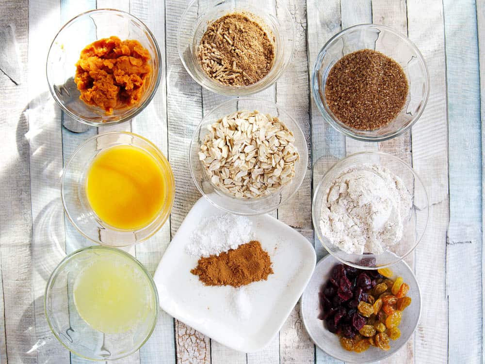 Ingredients for this Breakfast Cookie Recipe in glass bowls