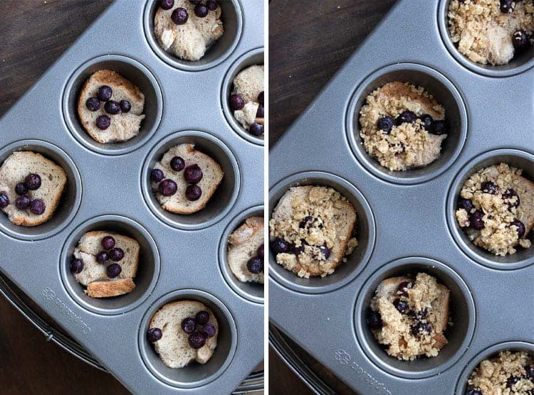 Mixing up breakfast in the most delicious way with blueberry flavored french toast made into vegan breakfast muffins! Easy to put together and prep ahead. #veganbreakfastrecipes #veganmuffins #sponsored #LoveMySilk Collage of a muffin tin being layered with pieces of bread, blueberries and crumble