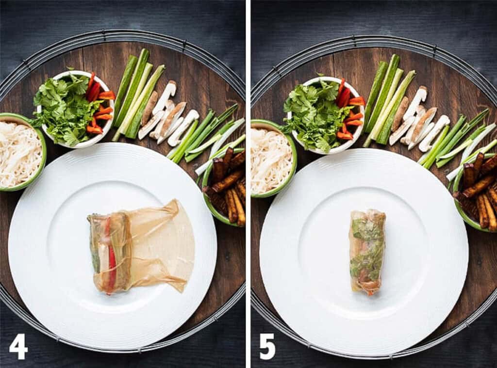 Collage of veggies being wrapped into rice paper like a burrito on a white plate.