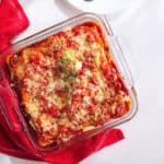 Baked healthy vegetarian lasagna in a glass casserole