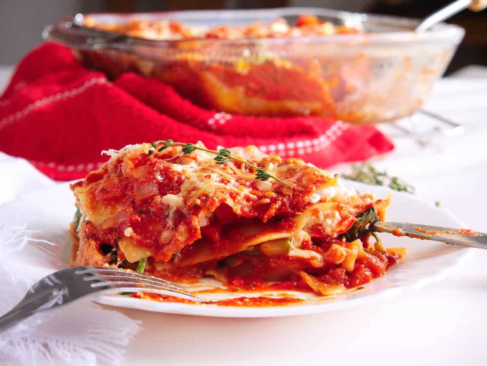 Side view of Healthy Vegetable Lasagna served on a plate