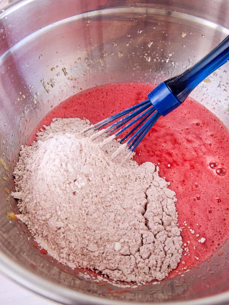 flour mixture added to wet ingredients
