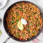 Top down shot of a Mexican Taco casserole in a large pan