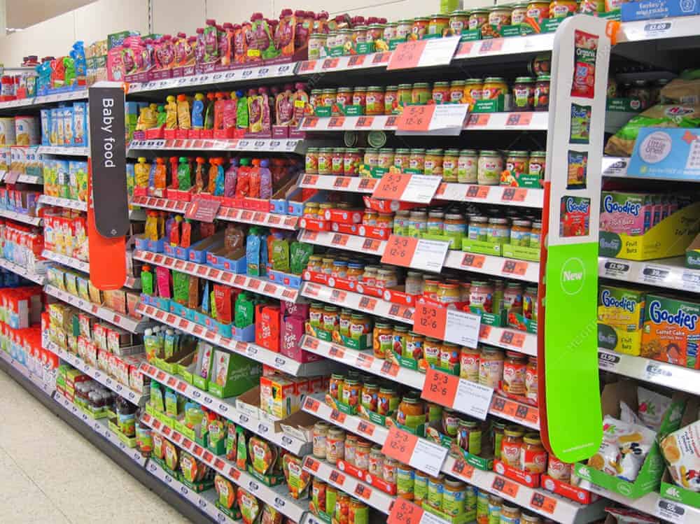 grocery store aisle of baby food pouches