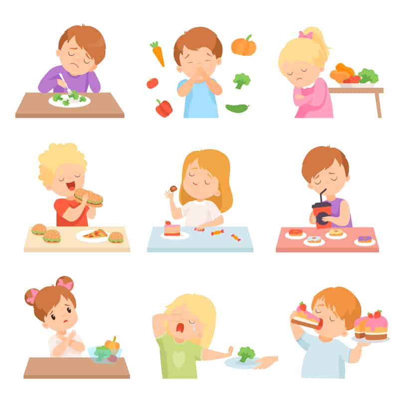 Clip art on white background of children not enjoying vegetables or picky eating - avoiding mealtime battles 