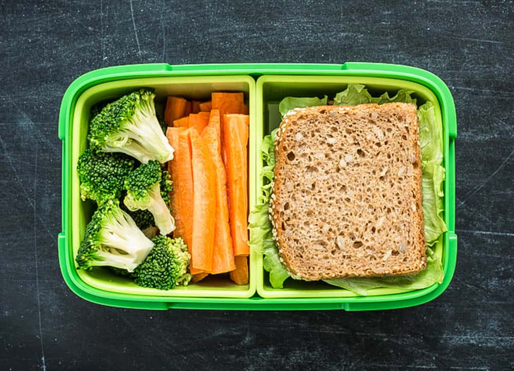 Green school lunch box with sandwich, broccoli and carrot close up on black chalkboard background. Healthy eating habits concept. Flat lay composition (from above, top view).