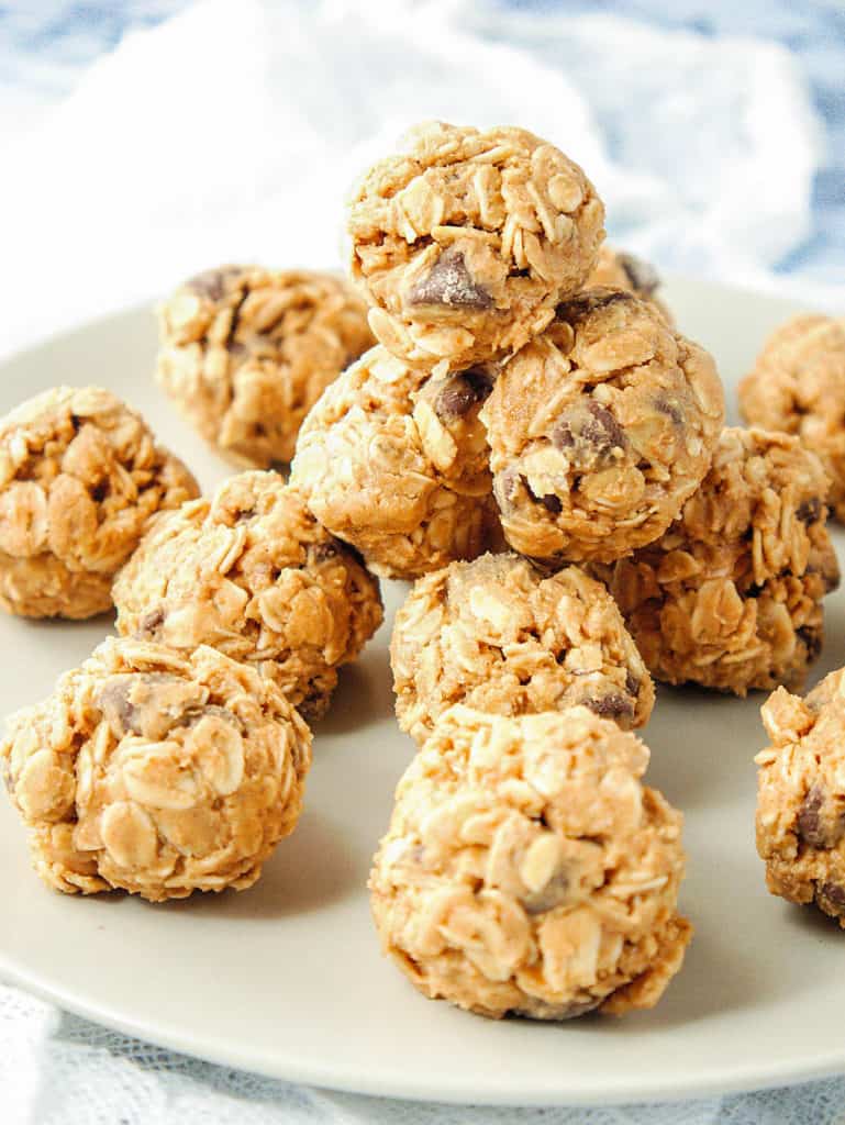 No Bake Peanut Butter Balls placed on a white platter