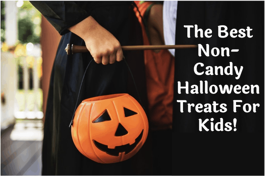 non-candy halloween treats for kids: image of trick or treater holding a jack o lantern bag