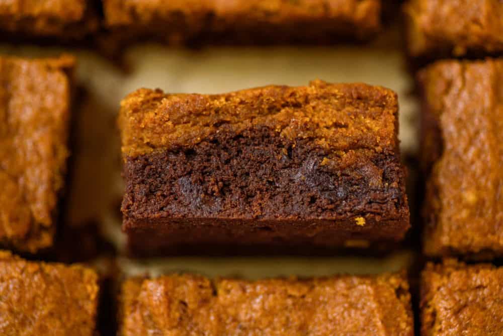closeup of layered pumpkin brownies, cut in a baking pan