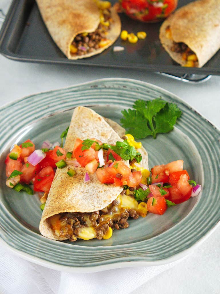 vegetarian quesadillas with cumin and lentils, served with pico de gallo on a grey plate