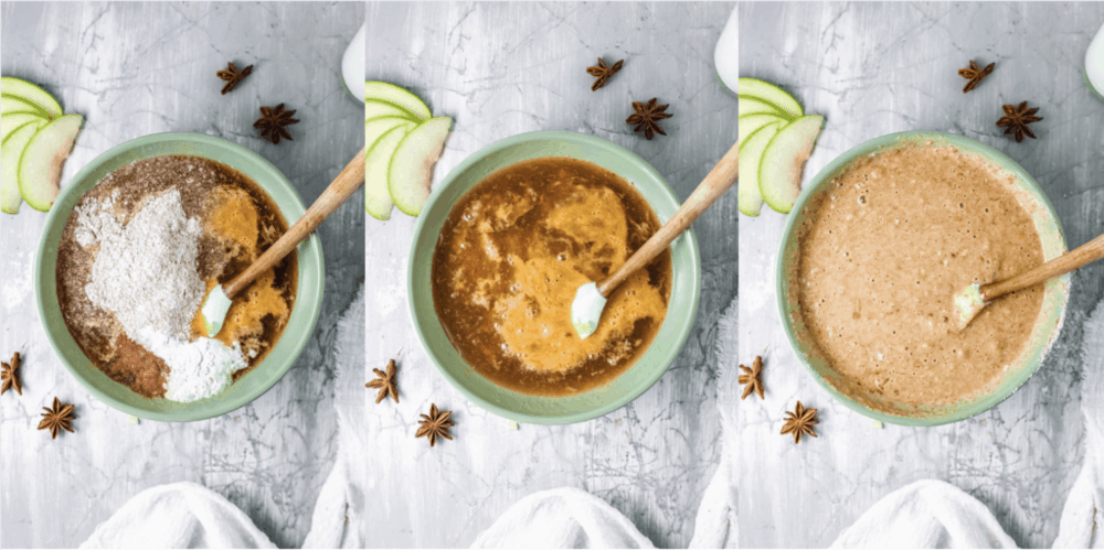 apple cider, spices, whole wheat flour mixed in a bowl for pancake batter