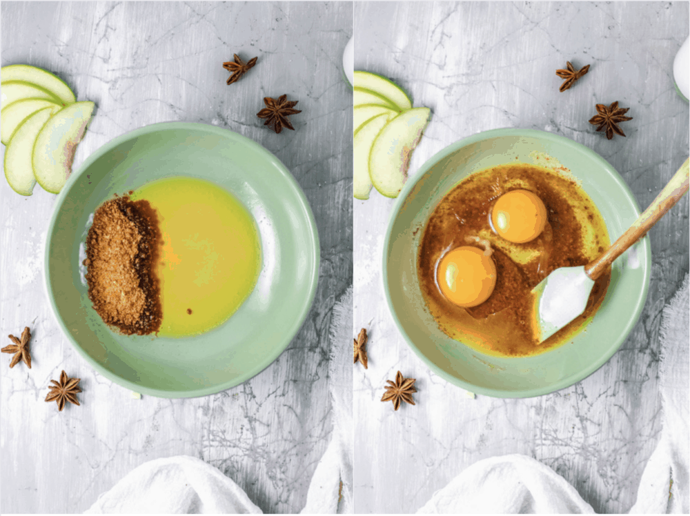 butter, brown sugar, eggs, vanilla mixed in a bowl for pancakes