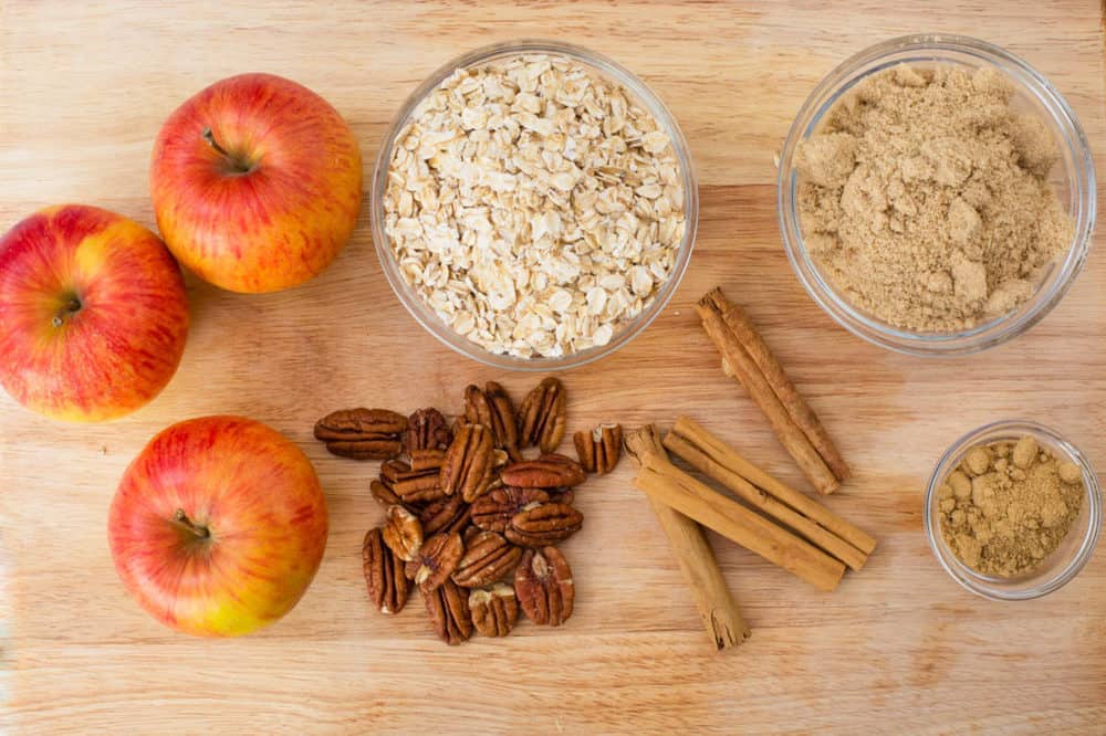 ingredients for Gluten Free Apple Crisp: oats, spices, brown sugar, apples, nuts