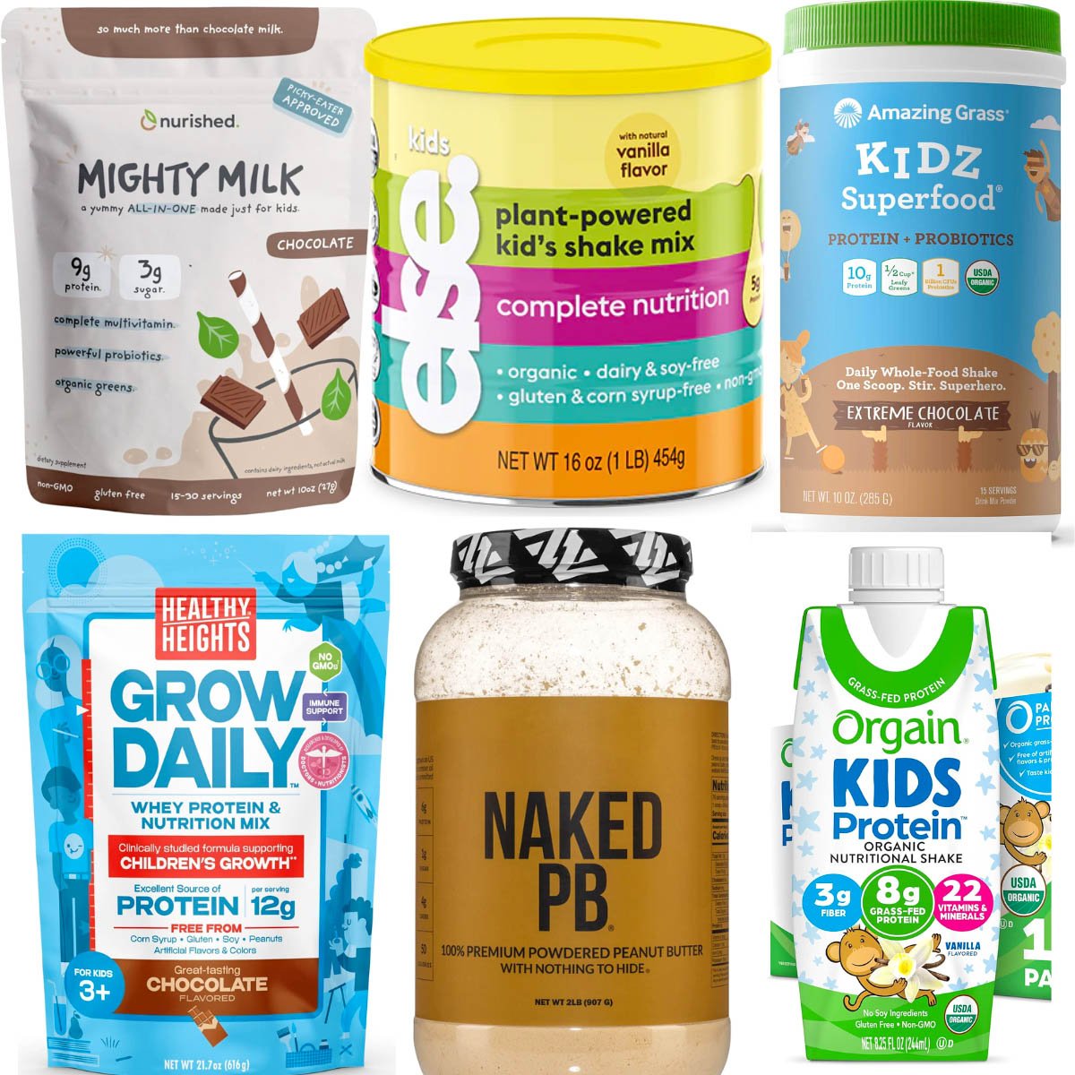 Collage of the best protein powders for kids on a white background.