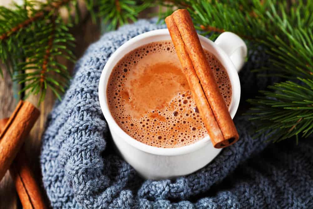healthy hot chocolate with cinnamon, pictured in a white cup with a blue scarf - top view