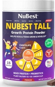 Can of Nubest tall kids protein powder.