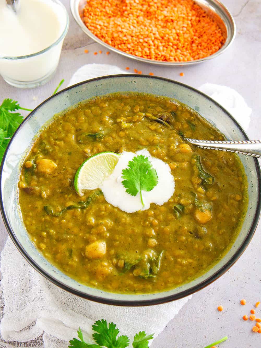 Lentil soup with Swiss chard served in a bowl