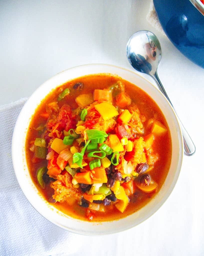 butternut squash chili served in a white bowl topped with green onions with a spoon top view