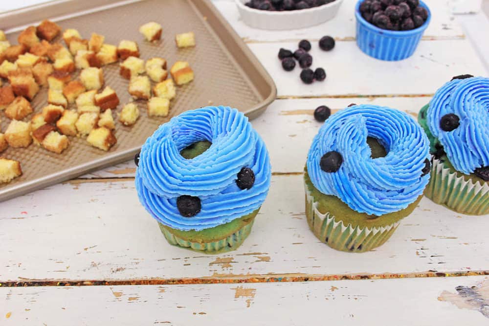 healthy blueberry cupcakes with blue frosting