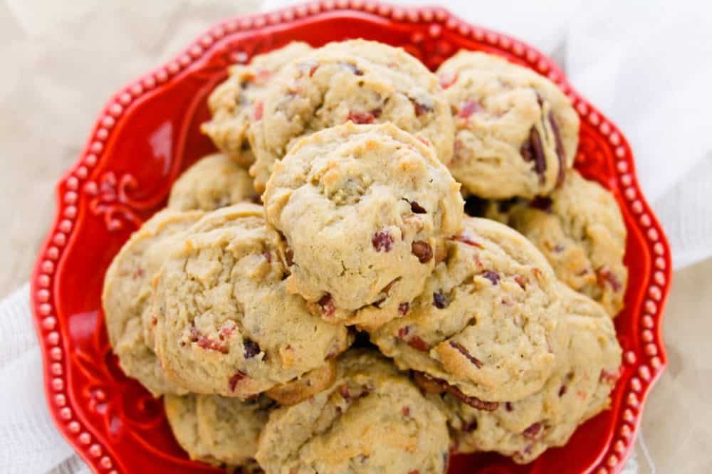 fruitcake cookies on red plate