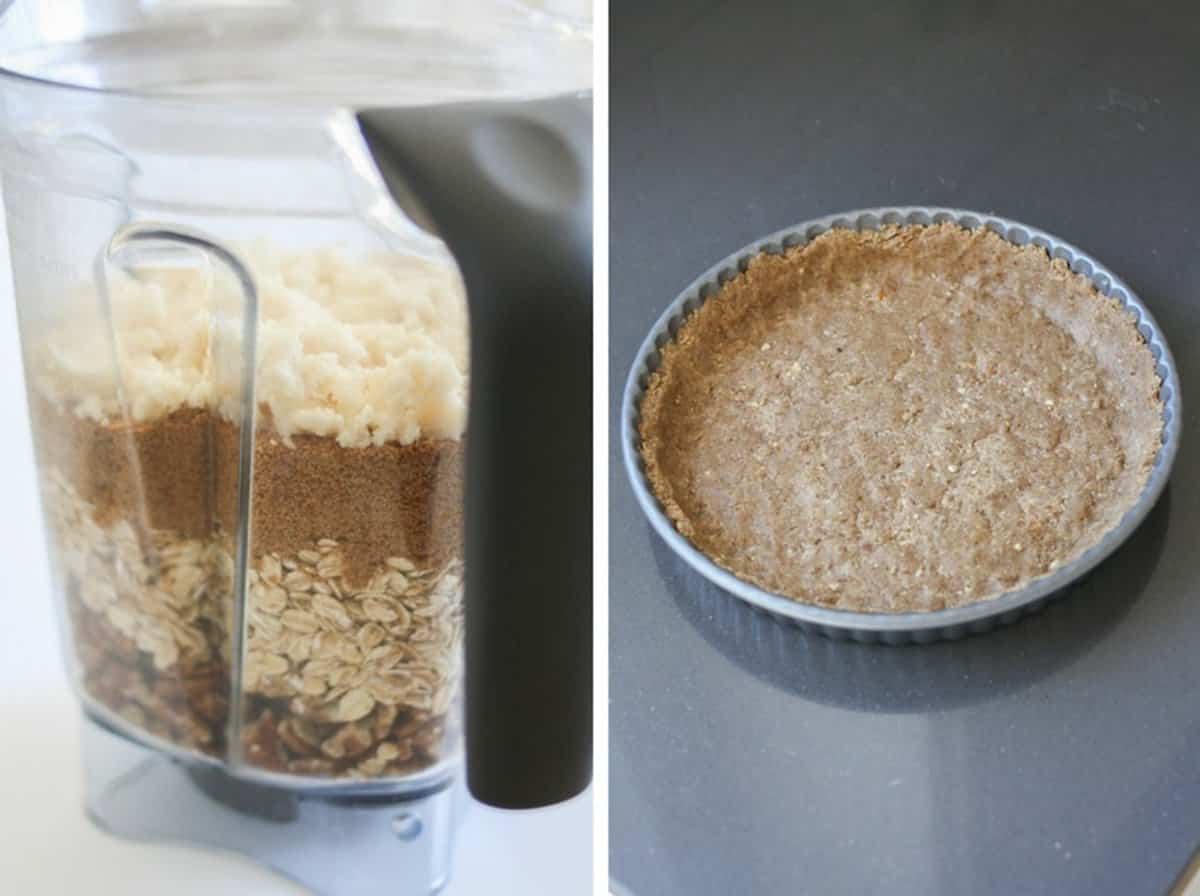 two side by side images, with the left one showing the unblended pie crust ingredients and the right one showing the pecan pie crust in the pan