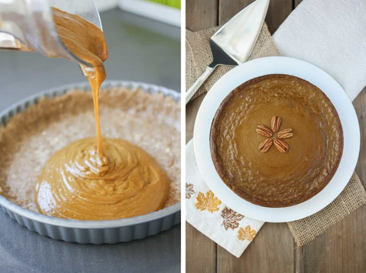 Two side by side images with the left one showing the pumpkin pie filling being poured into the pan with pie crust and the right showing the pumpkin pie after it has baked