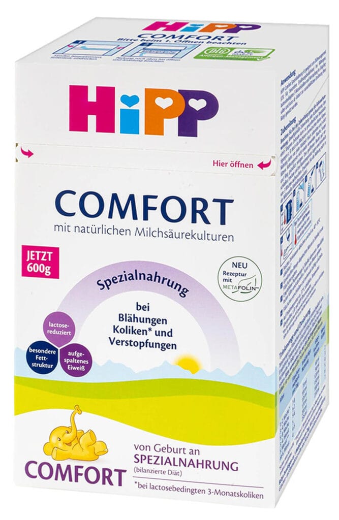 Box of HiPP Comfort formula - best hypoallergenic baby formula.