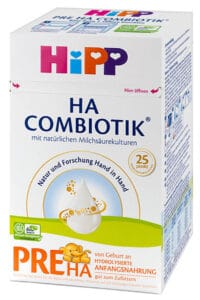 Box of HiPP HA formula - best hypoallergenic baby formula.