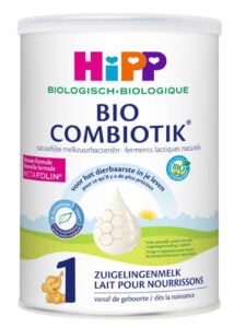 Can of HiPP Dutch Stage 1 organic baby formula.