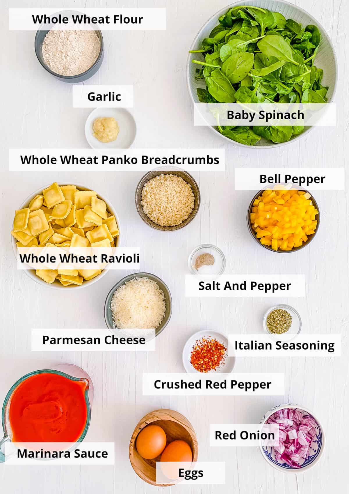 ingredients for easy vegetarian air fryer ravioli recipe with homemade marinara sauce