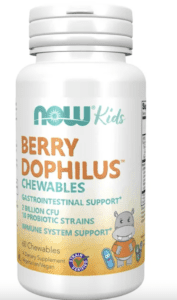 Bottle of now berry dophilus (probiotics for kids) against a white background.